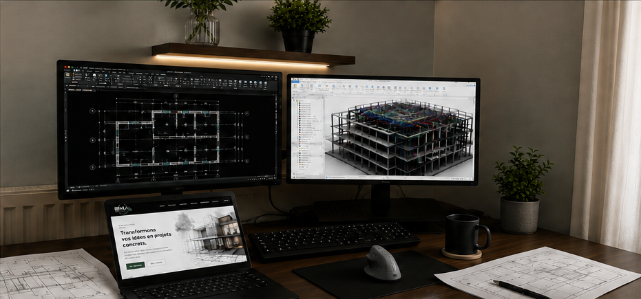 Bureau BMA CAD Solutions avec plans papier, AutoCAD et BIM