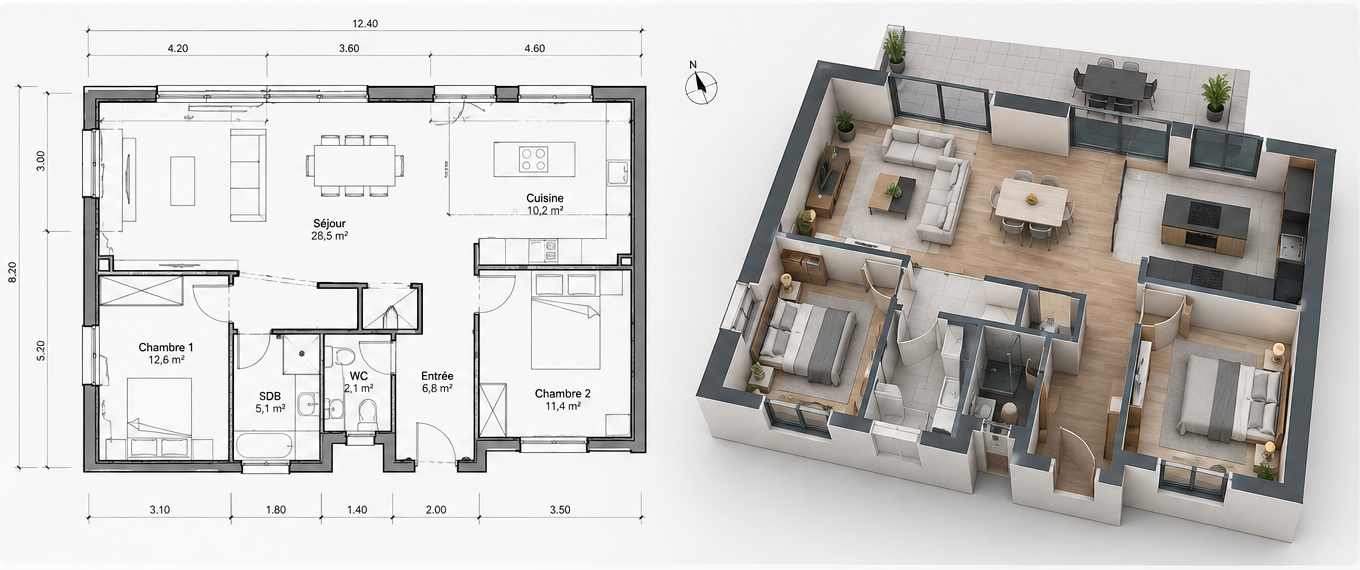 Plan technique 2D et modélisation 3D d'un même projet